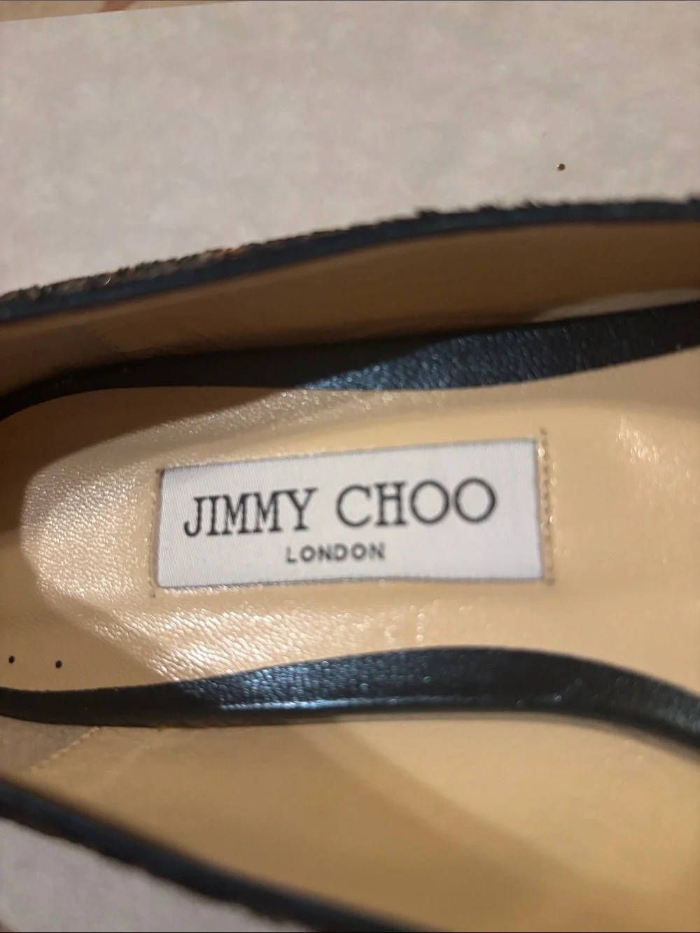 Jimmy Choo Women's Black Glitter Pointed Toe Romy Flats size 39 1/2 NWT’s & box!